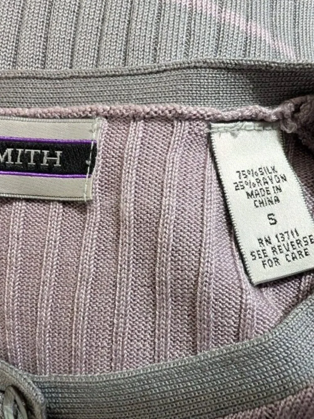 Amanda Smith 100% Silk Gray and‎ Lavender Striped Ribbed Button Cardigan S